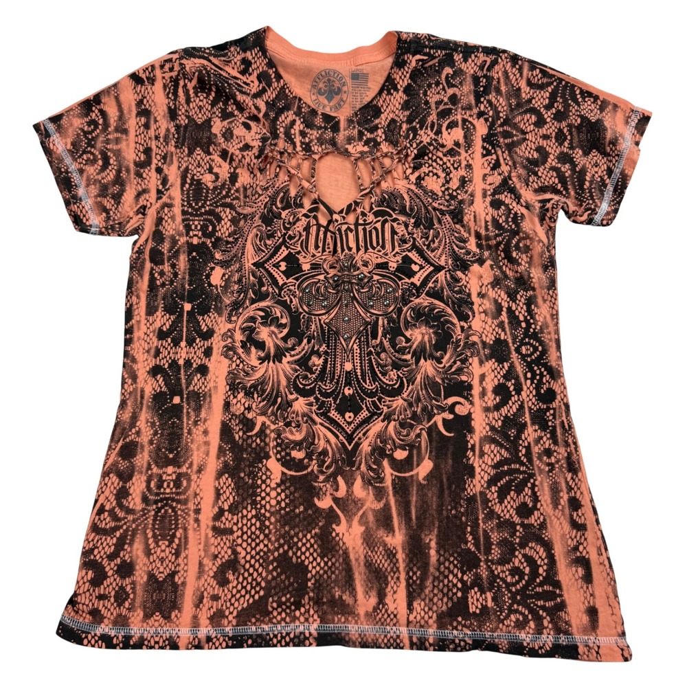 Affliction Live Fast Orange Black Lace Acid Wash Rhinestone Cutout Shirt Y2K